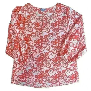 IsleField 100% Silk Blouse Floral Size XL V-Neck Red Cream 3/4 Sleeves